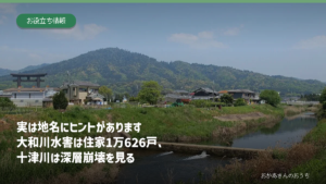 大和川、亀の瀬、十津川の山地と奈良県の地名・災害を表したアイキャッチ