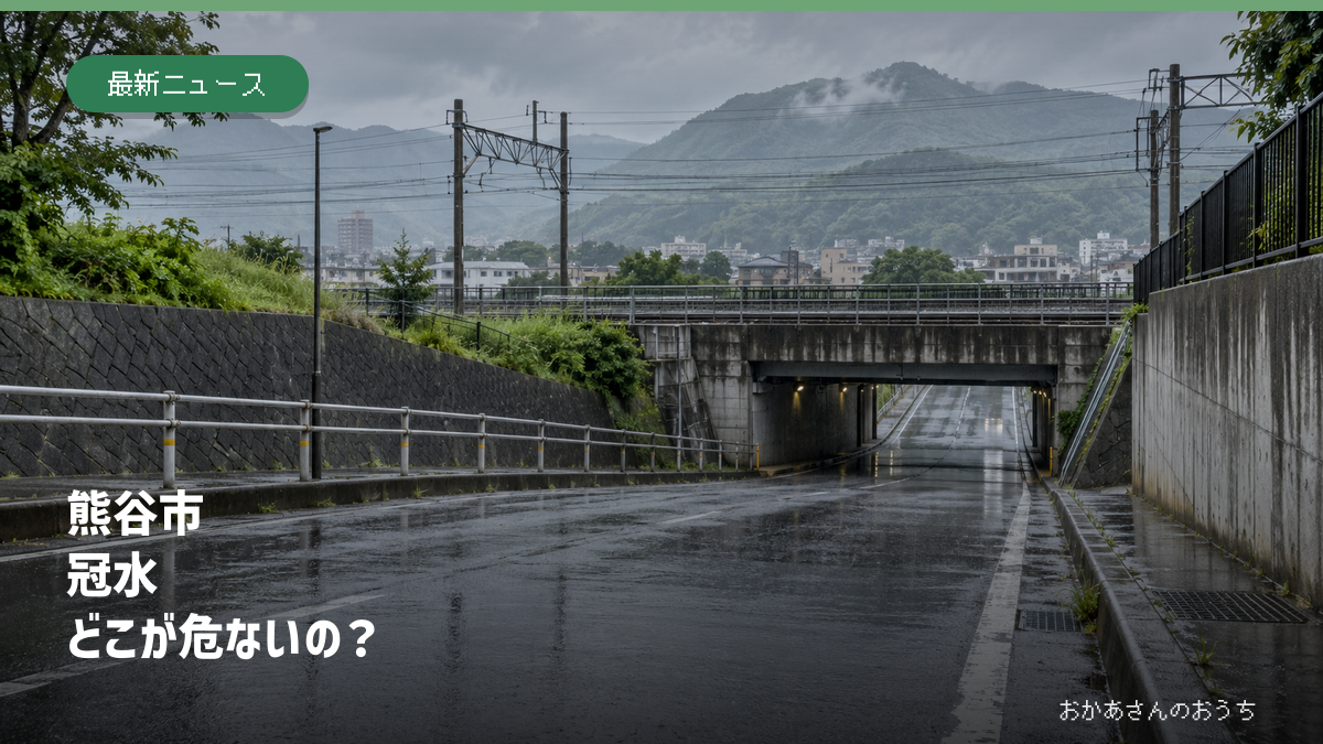 熊谷市の冠水危険箇所を解説する記事のアイキャッチ。大雨時のアンダーパスのイメージ
