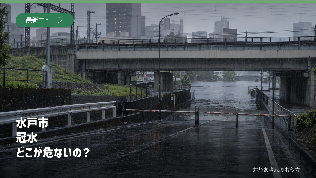 大雨で冠水し通行止めになった水戸市を想定した駅周辺の橋下道路（生成AIによるイメージ）