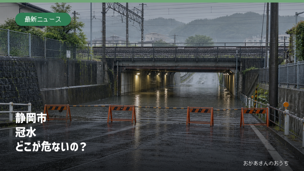 大雨で冠水し通行止めになった静岡市を想定した山並み近くの鉄道下道路（生成AIによるイメージ）