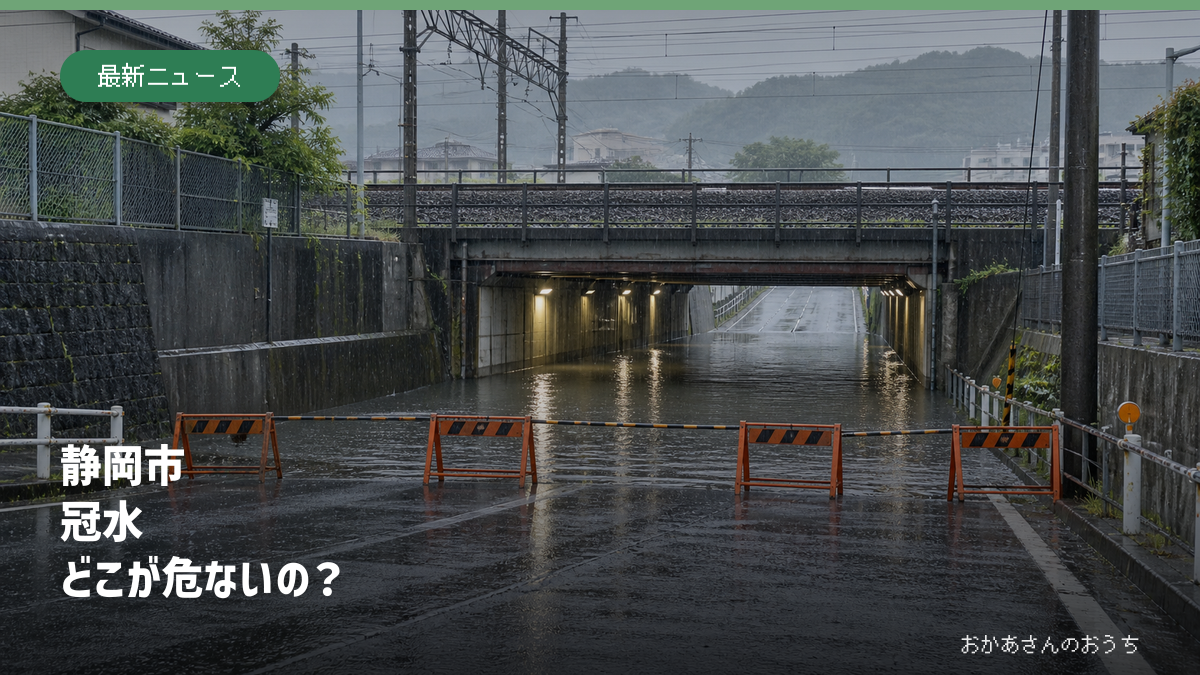 大雨で冠水し通行止めになった静岡市を想定した山並み近くの鉄道下道路（生成AIによるイメージ）
