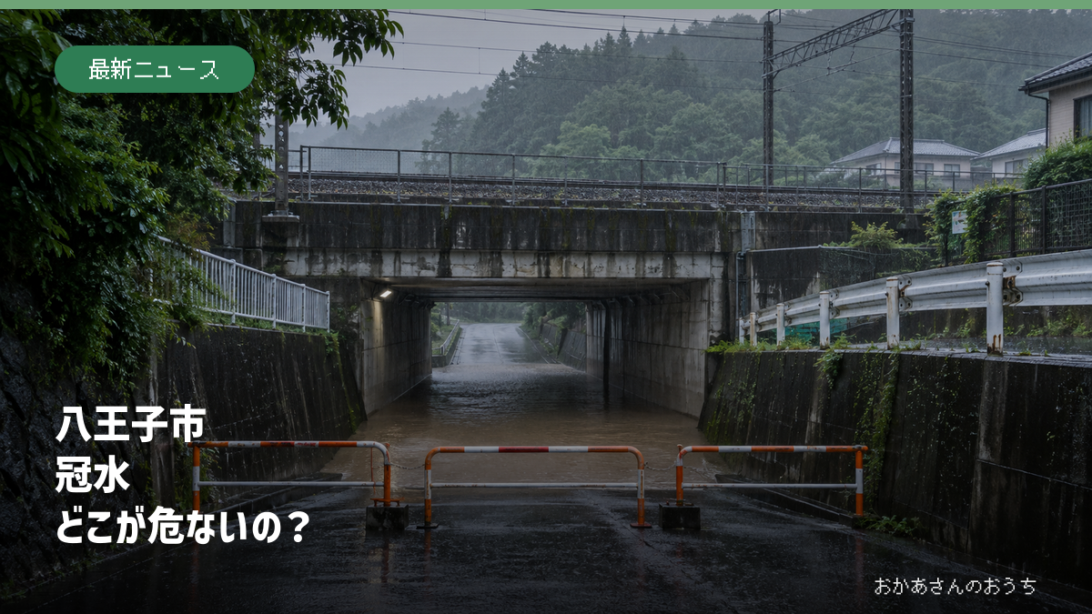 大雨で冠水し通行止めになった八王子市を想定した丘陵地の鉄道下道路（生成AIによるイメージ）
