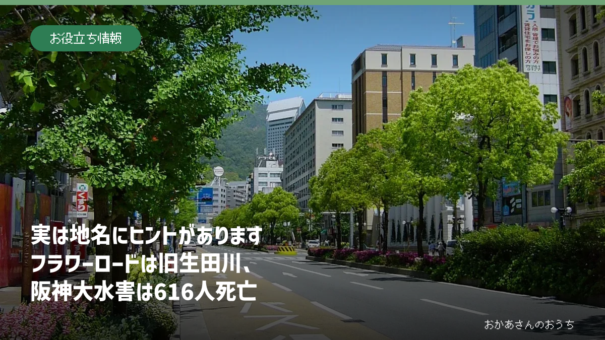 フラワーロードと旧生田川、六甲山、神戸・阪神の地名を表したアイキャッチ