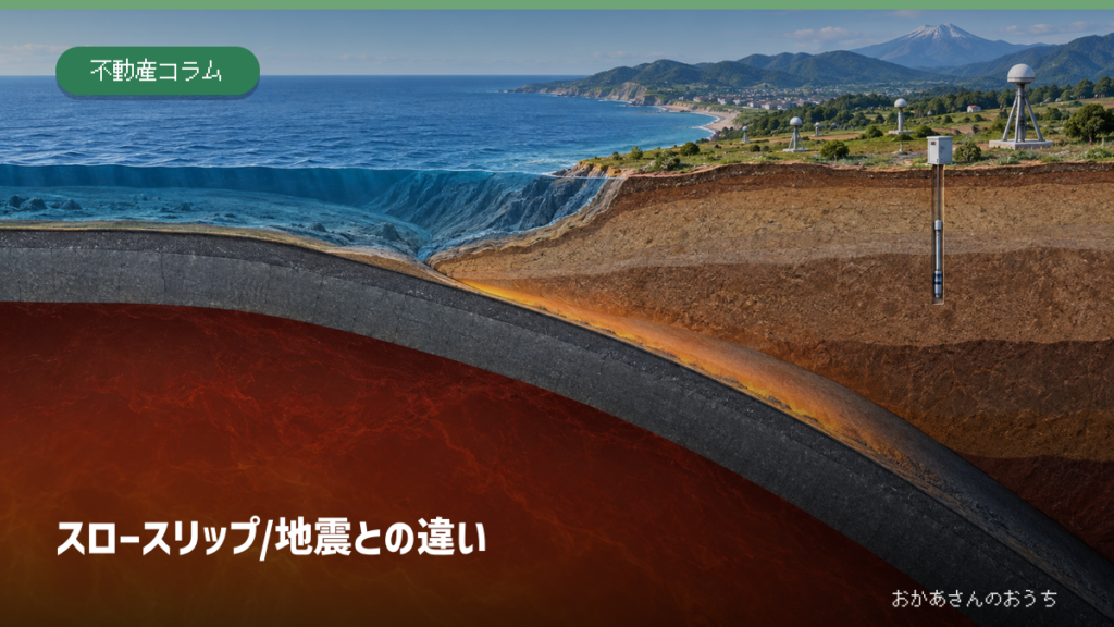 南海トラフ沿いのスロースリップと地殻変動観測を表すアイキャッチ画像