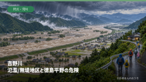 吉野川 氾濫/無堤地区と徳島平野の危険を示すAI生成の模式イラスト