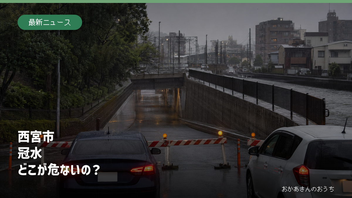 大雨で冠水した川沿いのアンダーパス入口が通行止めになった様子のイメージ