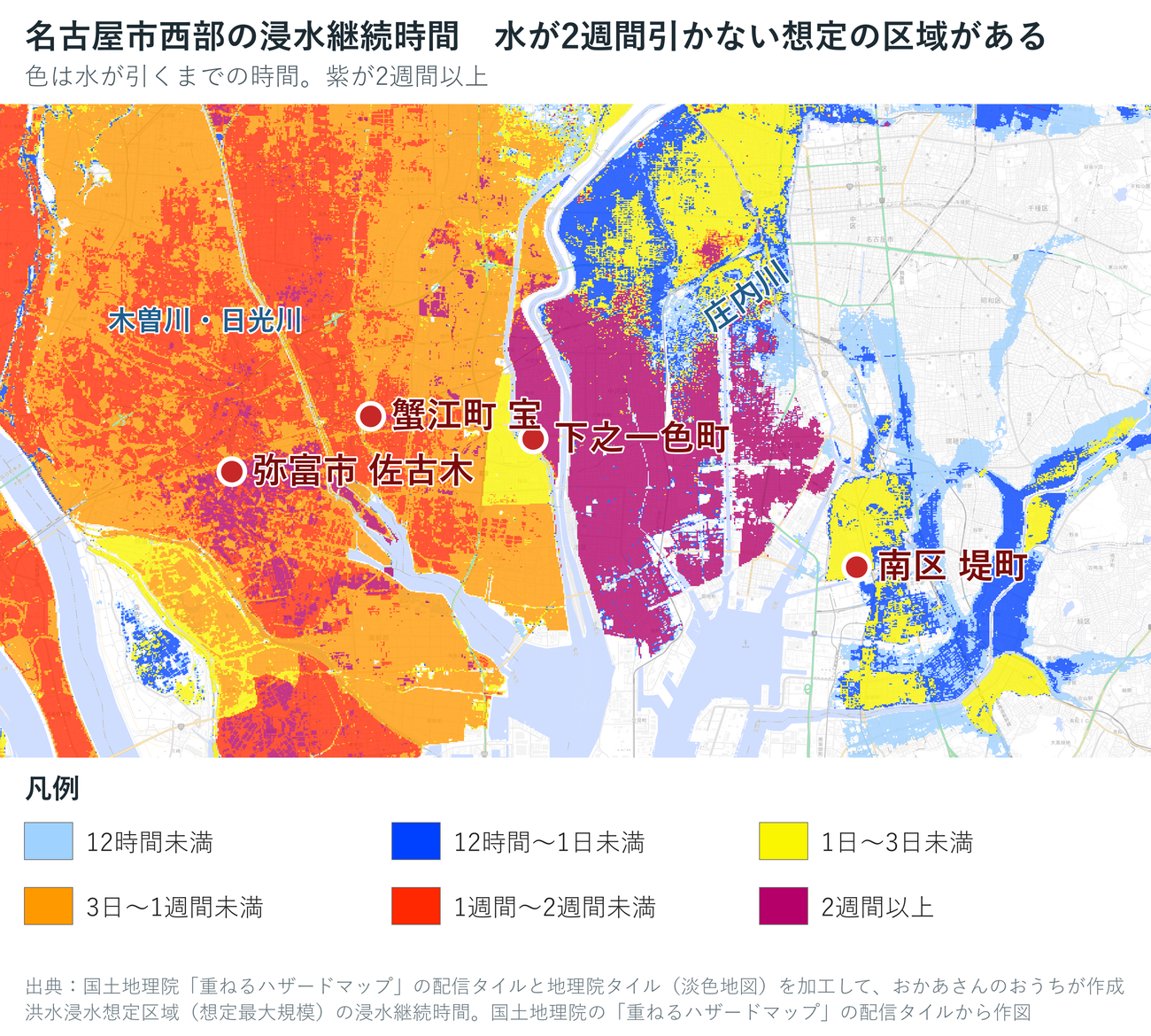 名古屋市西部の浸水継続時間の図。庄内川と日光川に挟まれた広い範囲が、いちばん濃い「2週間以上」の色。下之一色町、蟹江町宝、弥富市佐古木、南区堤町の丸印がその中にある