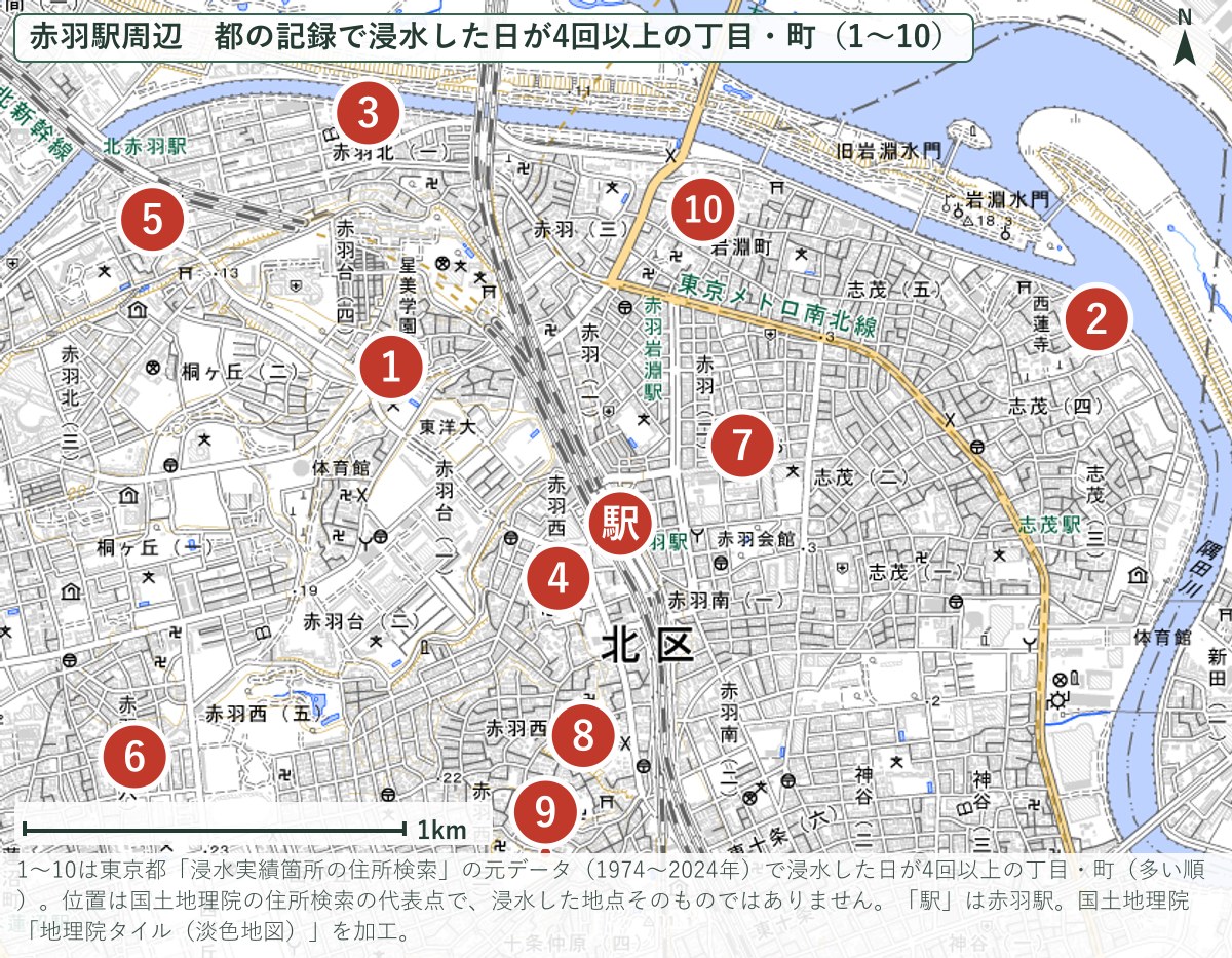 赤羽駅周辺で都の記録に浸水した日が4回以上の丁目・町の地図