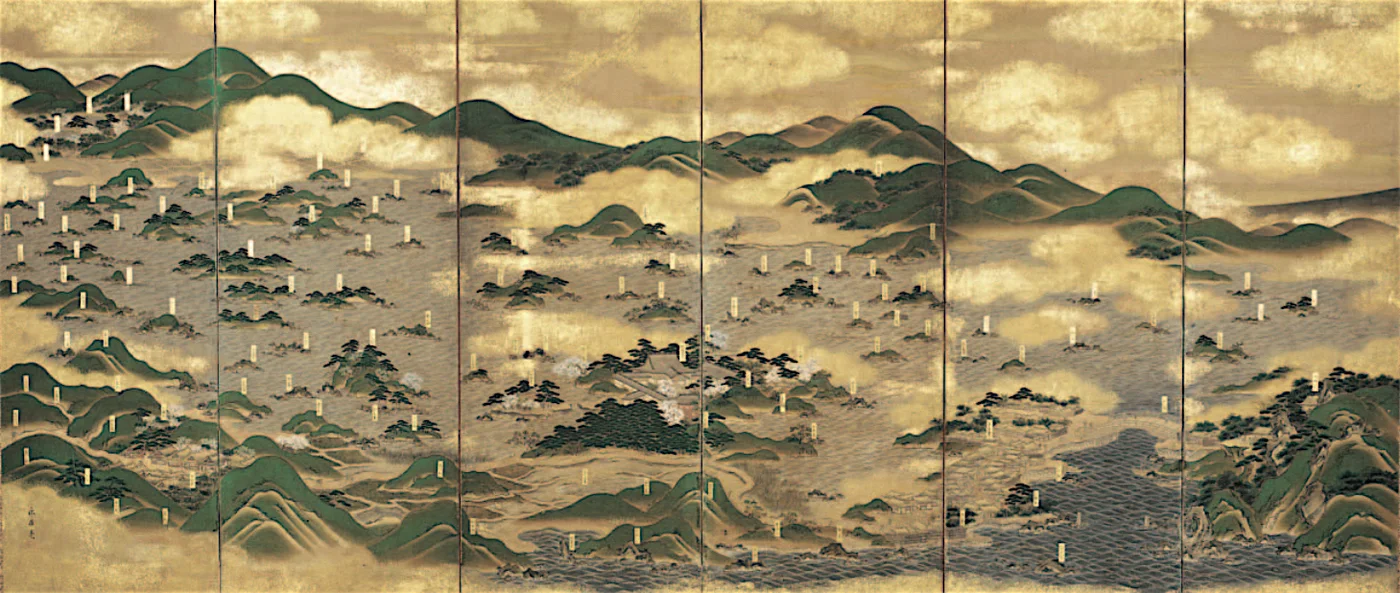 江戸時代に描かれた象潟屏風。入り江いっぱいに松の生えた小島が点在し、奥に海が広がる
