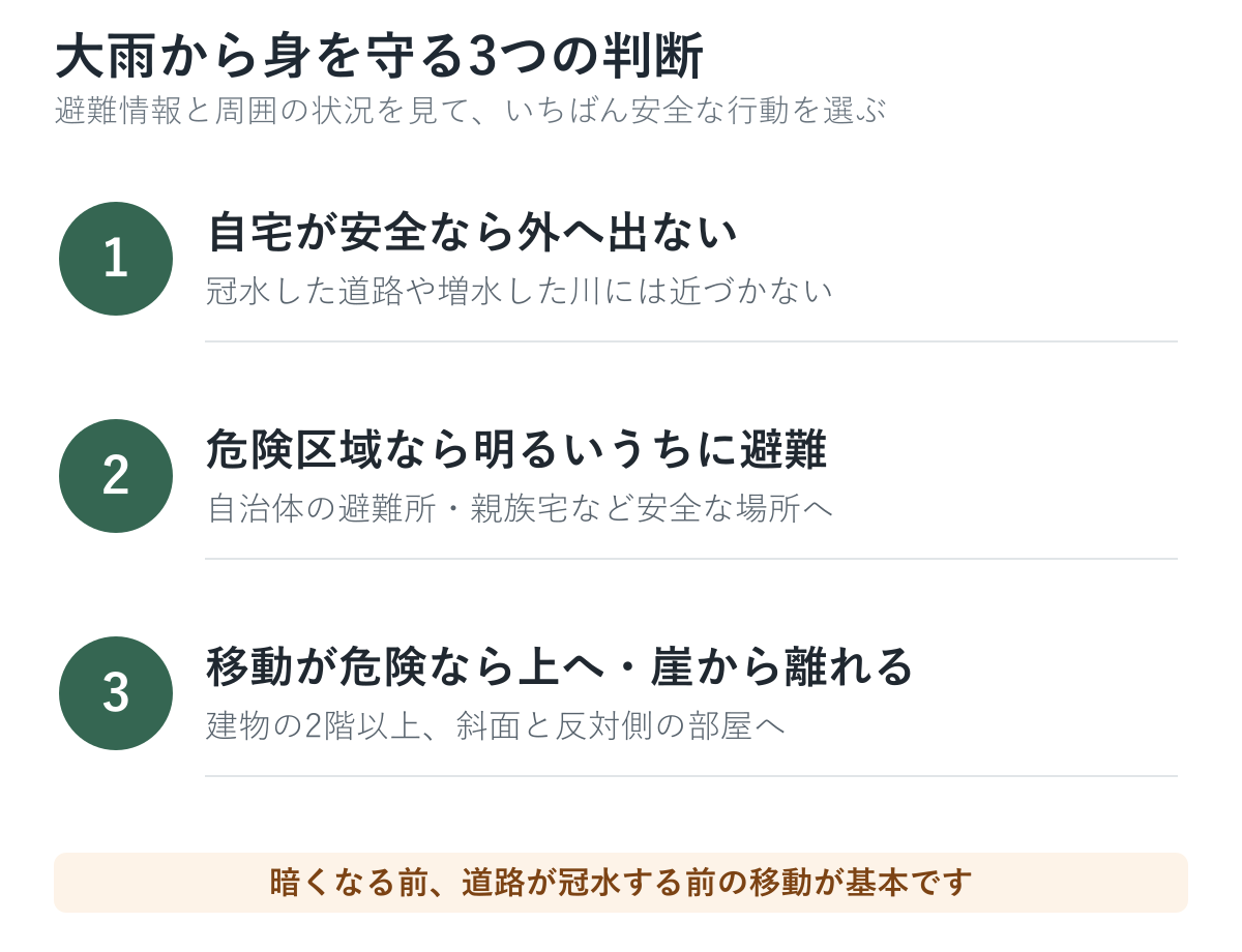 青森大雨で身を守る行動。安全なら外へ出ない、危険区域なら早めに避難、移動が危険なら上階へ