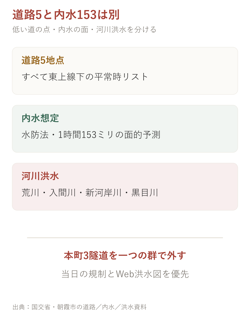 道路5と内水153は別。道路、ハザードマップ、現在情報を分けて確認する図