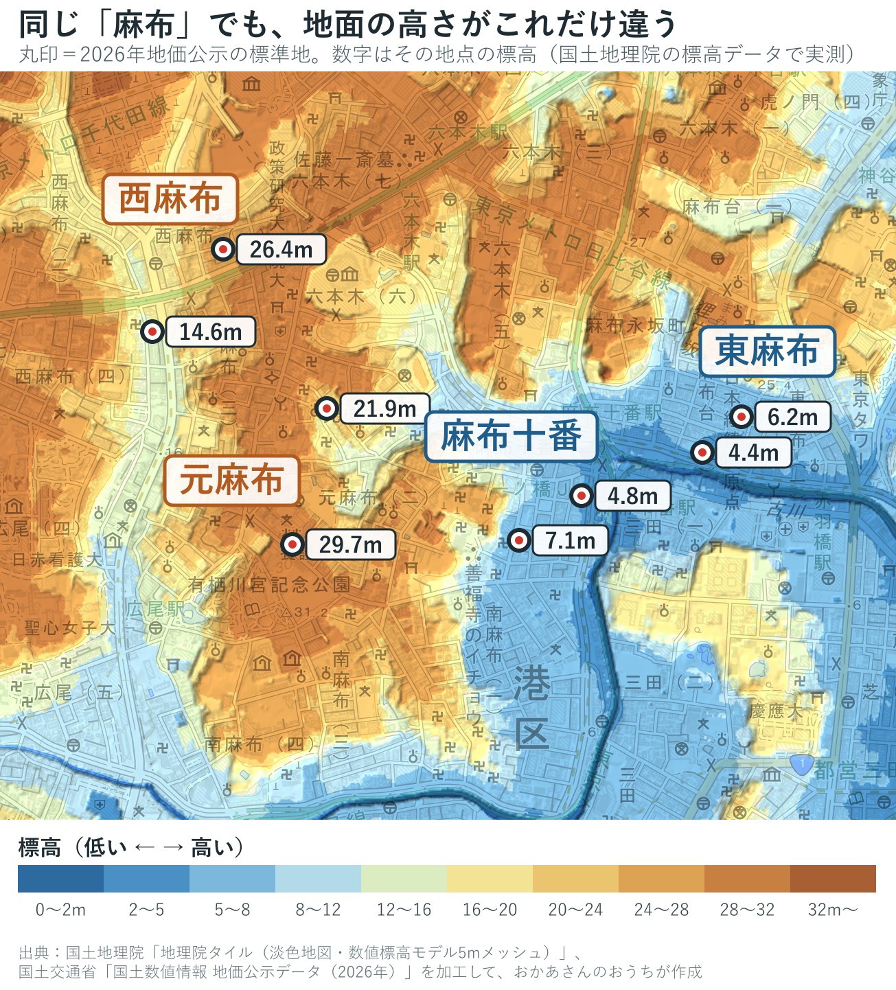 麻布十番・東麻布・元麻布・西麻布の標高を色分けした地図