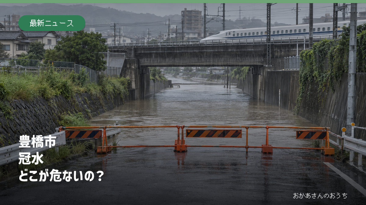 大雨で冠水し通行止めになった豊橋市を想定した新幹線下の道路(生成AIによるイメージ)