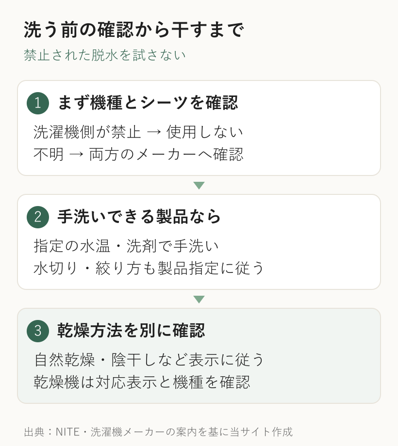 機種と製品を確認し、手洗いの指定に従い、水切りと乾燥方法を個別に確認する手順
