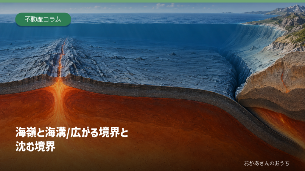 海嶺で生まれた海洋プレートが海溝で沈み込む流れを表すアイキャッチ画像