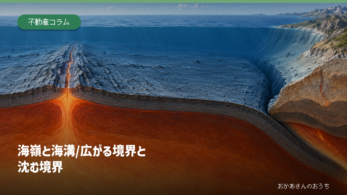海嶺で生まれた海洋プレートが海溝で沈み込む流れを表すアイキャッチ画像