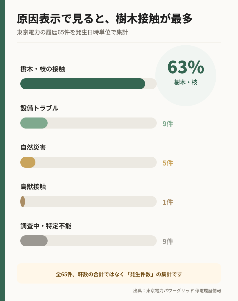 千葉県の停電65件の原因は樹木・枝の接触41件、設備トラブル9件などだったことを示す棒グラフ