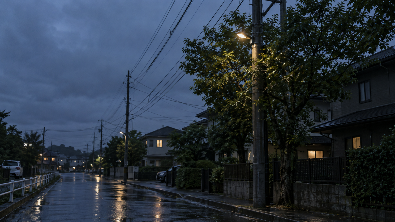 雨上がりの千葉県内の住宅街と電柱・電線を描いたイメージ
