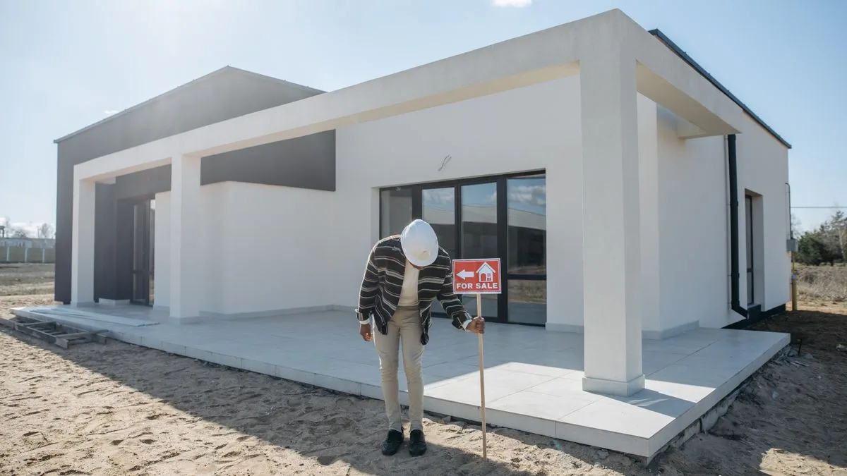 更地に建てられたばかりの白い住宅の外観。前に人が一人立っている