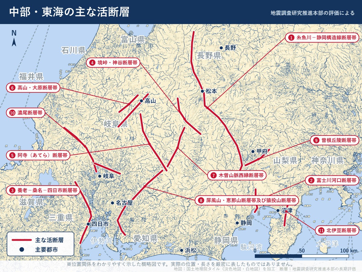 中部・東海の主な活断層帯の位置図