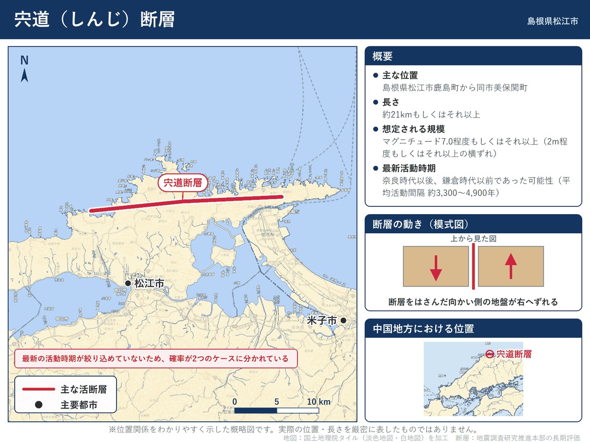 宍道（しんじ）断層の詳細図。島根県松江市鹿島町から美保関町へ東西に延びる位置を示す