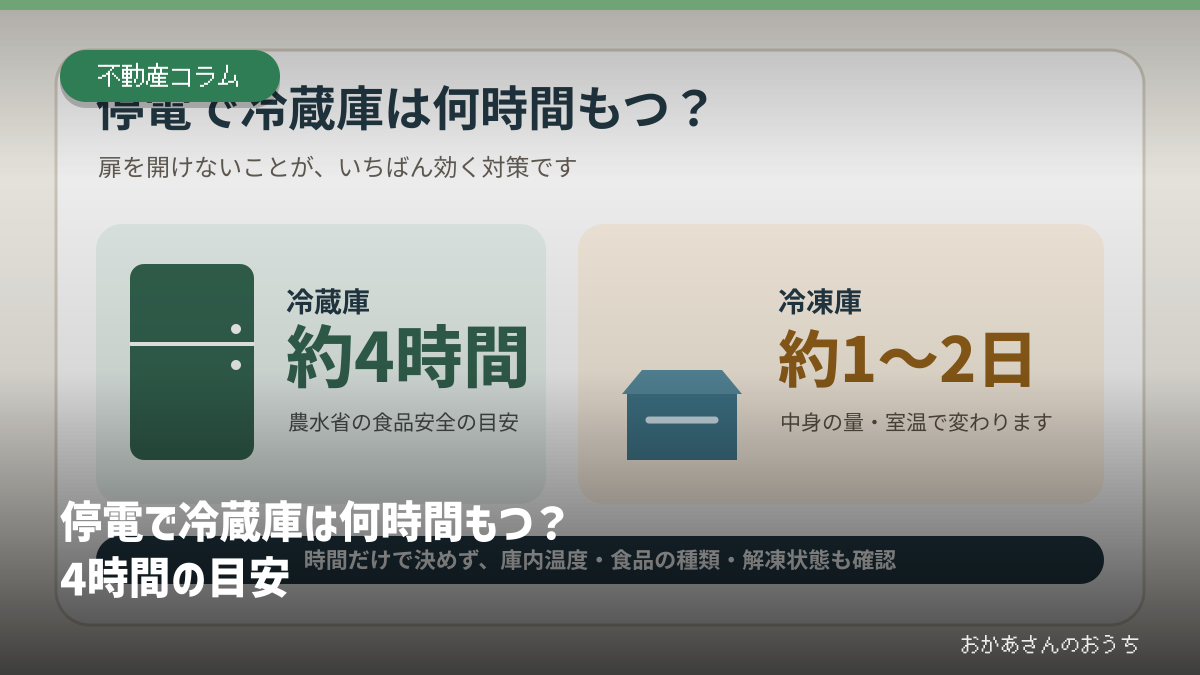 停電時の冷蔵庫は約4時間、冷凍庫は約1〜2日が低温保持の目安であることを示すアイキャッチ