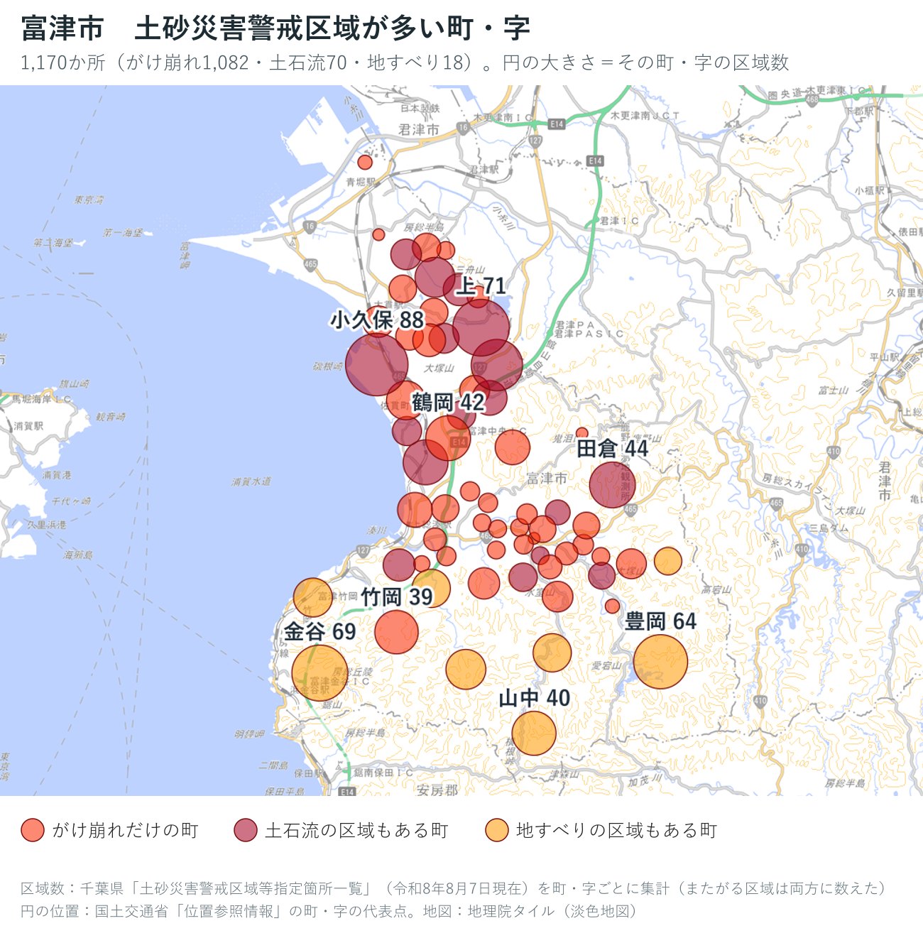 富津市の町・字ごとの土砂災害警戒区域の数を円で示した地図