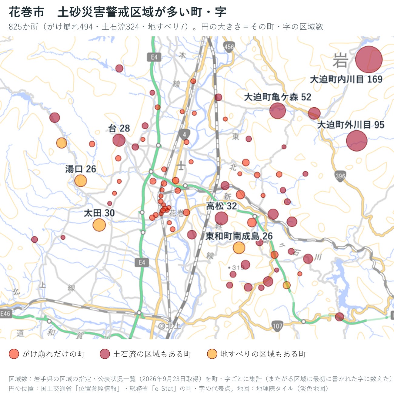 花巻市の字ごとの土砂災害警戒区域の数を円で示した地図