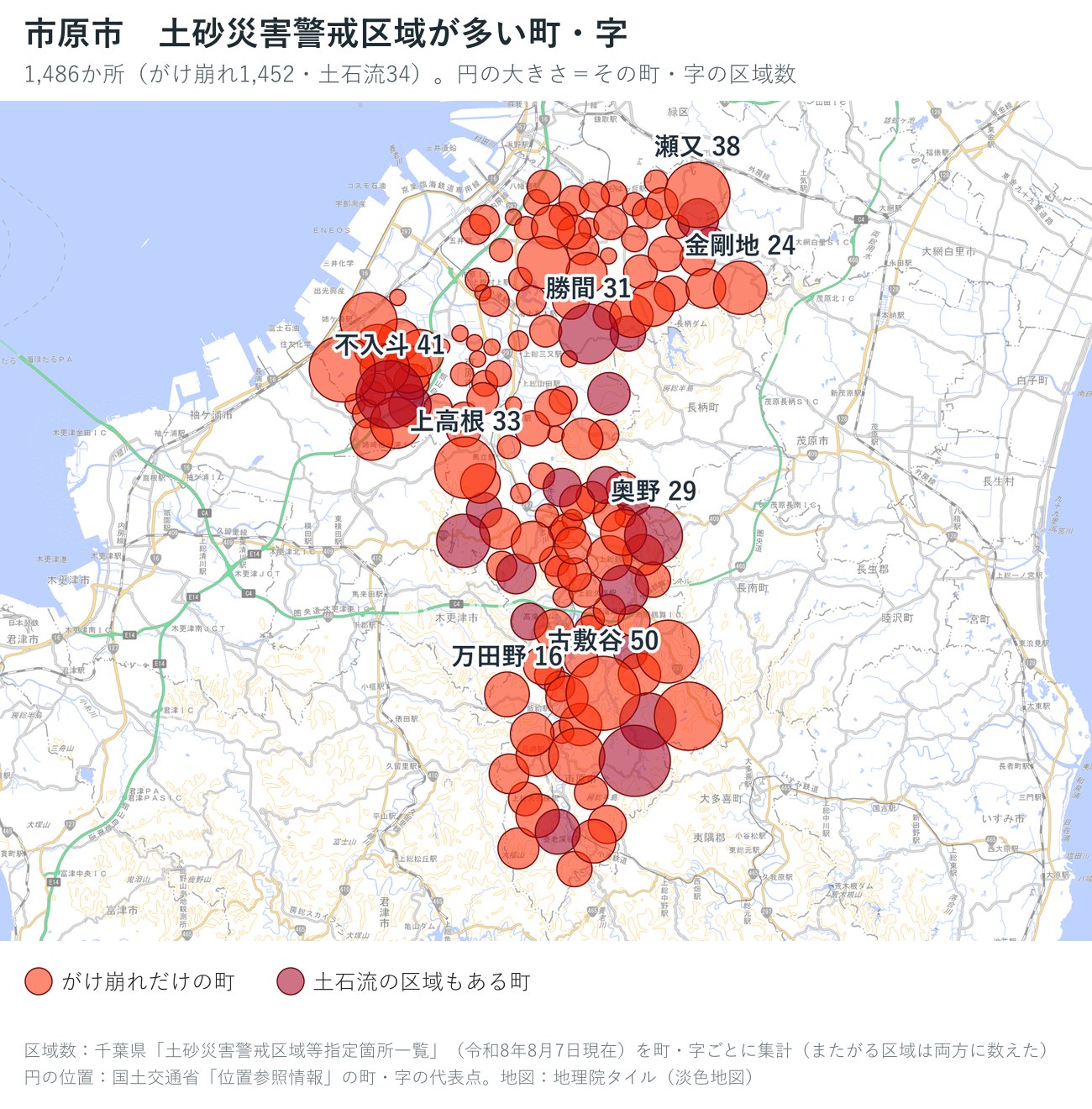 市原市の町・字ごとの土砂災害警戒区域の数を円で示した地図