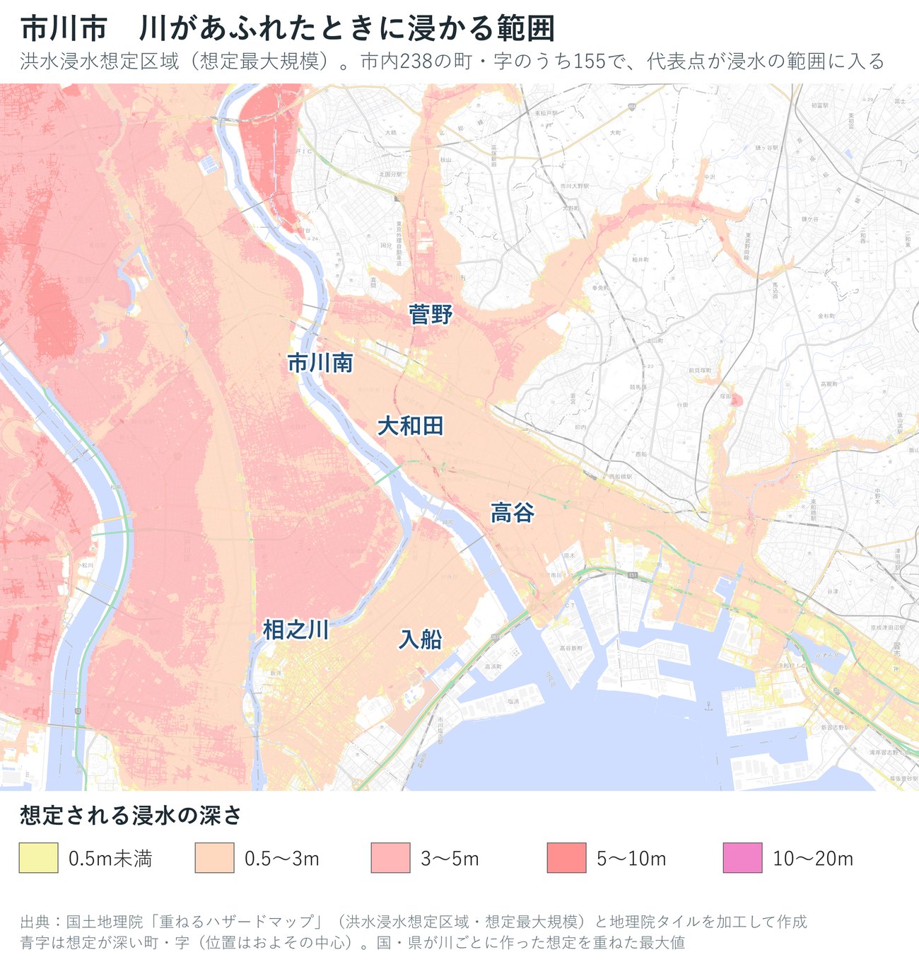 市川市の洪水浸水想定区域（想定最大規模）の深さを色で示した地図