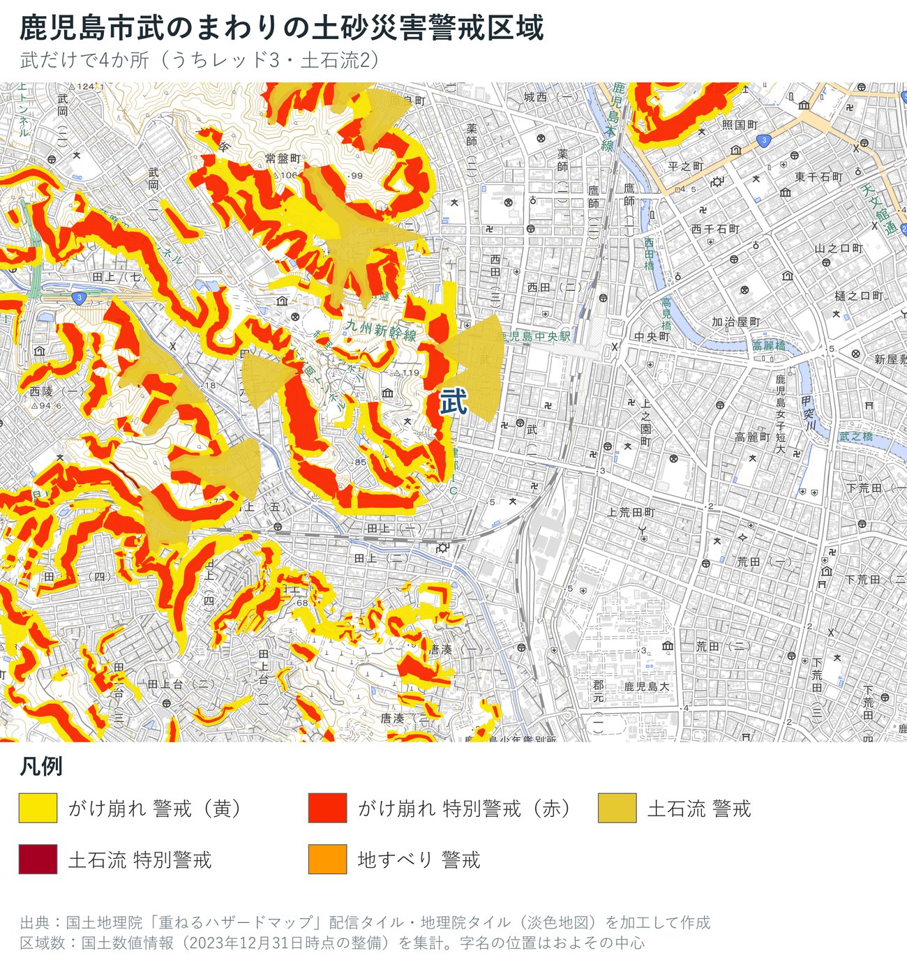 鹿児島市武のまわりの土砂災害警戒区域の地図