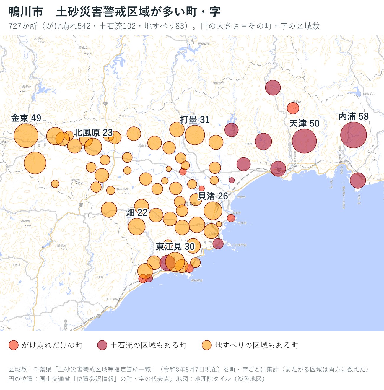 鴨川市の町・字ごとの土砂災害警戒区域の数を円で示した地図