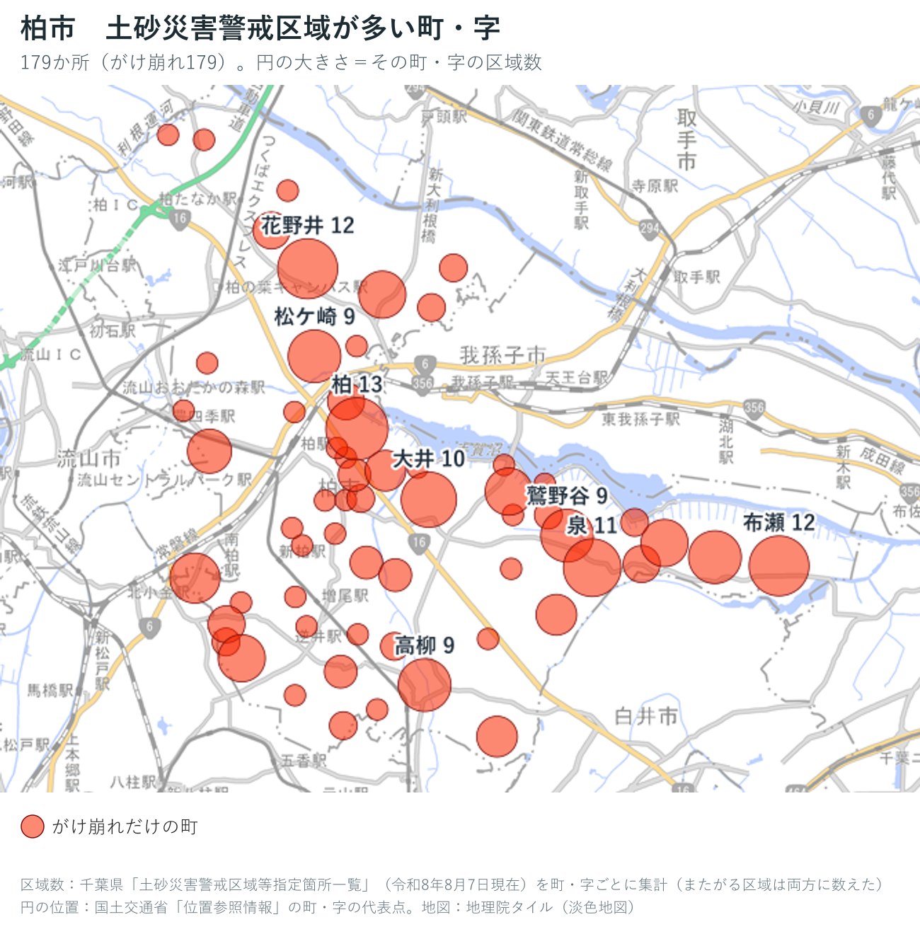 柏市の字ごとの土砂災害警戒区域の数を円で示した地図