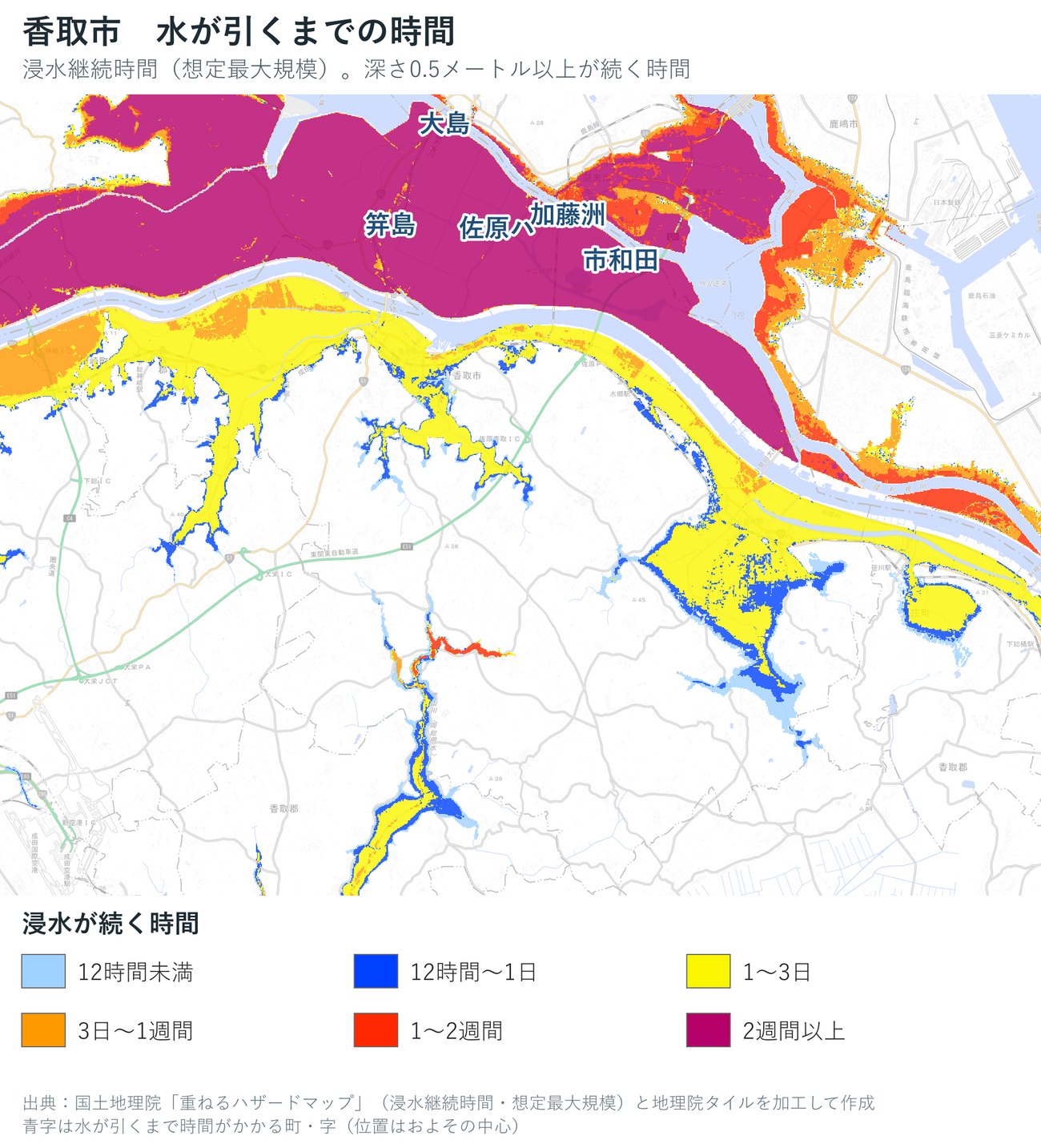 香取市の浸水継続時間（想定最大規模）を色で示した地図