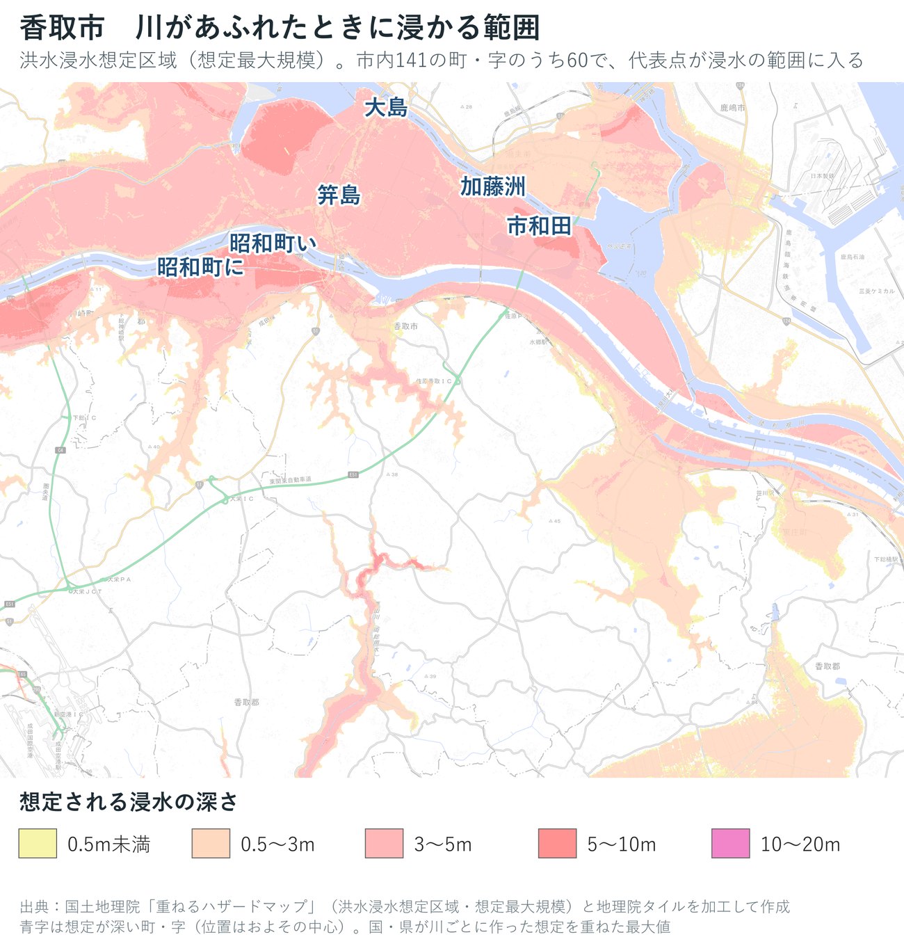 香取市の洪水浸水想定区域（想定最大規模）の深さを色で示した地図