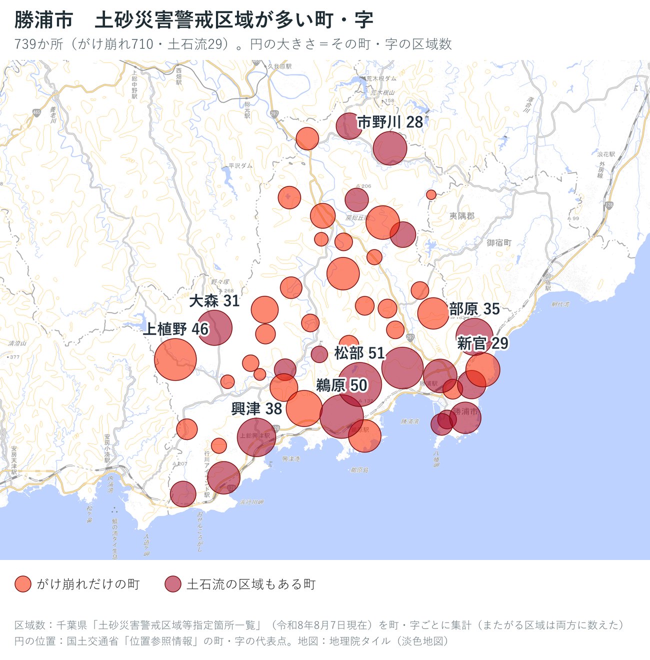 勝浦市の町・字ごとの土砂災害警戒区域の数を円で示した地図