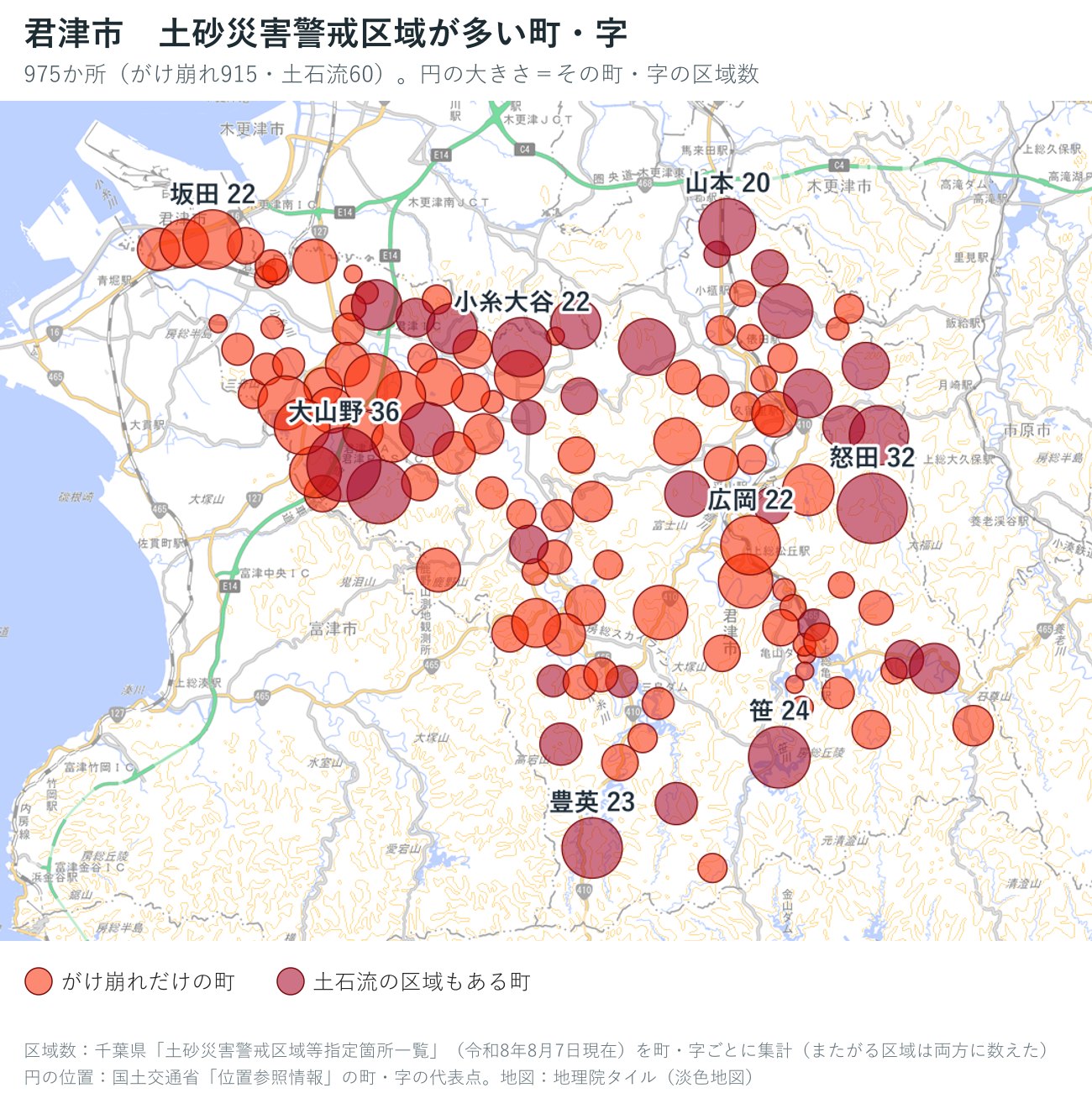君津市の町・字ごとの土砂災害警戒区域の数を円で示した地図