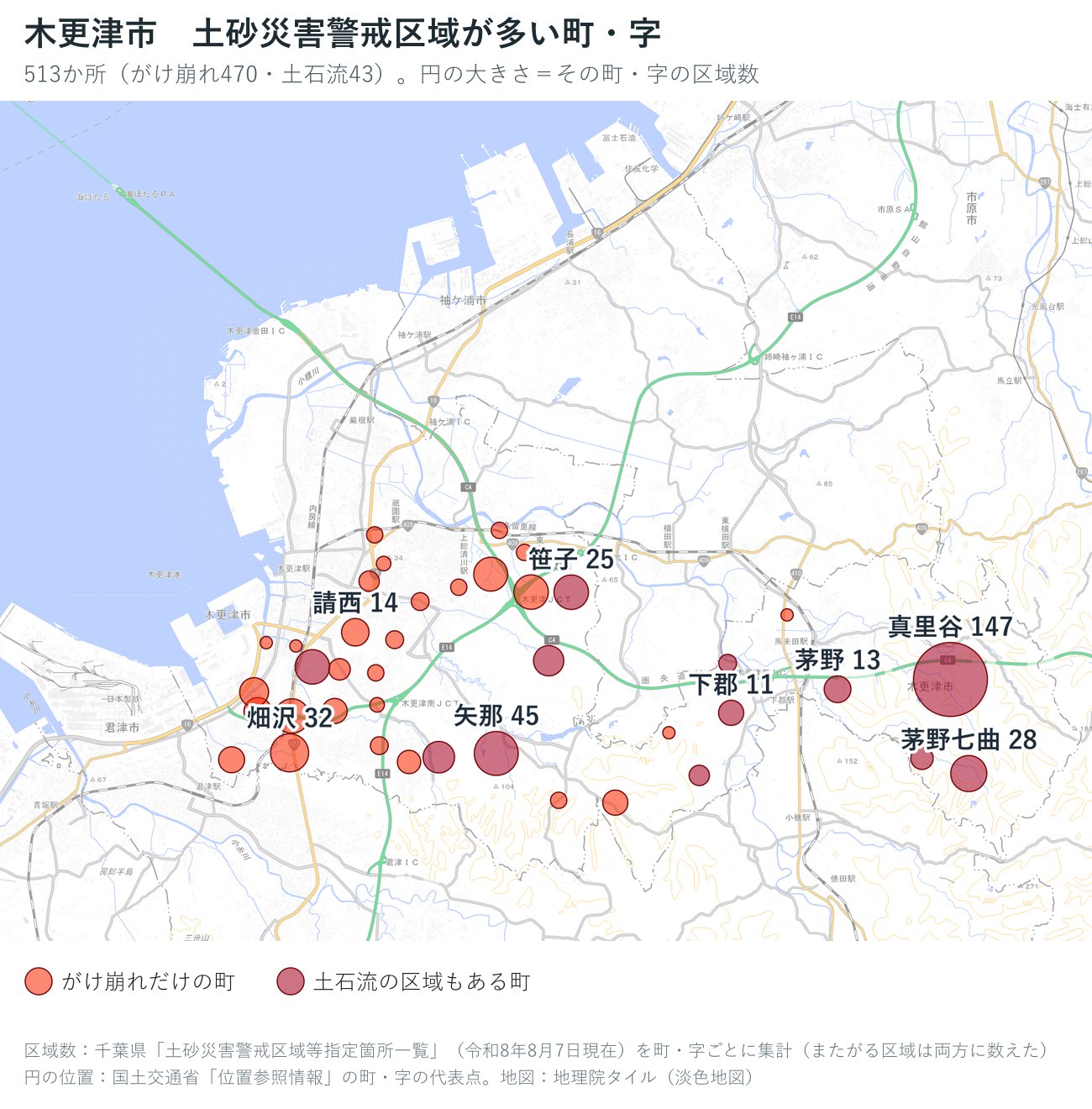 木更津市の町・字ごとの土砂災害警戒区域の数を円で示した地図