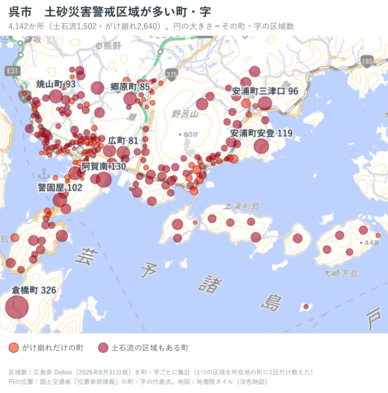 呉市の町ごとの土砂災害警戒区域の数を円で示した地図