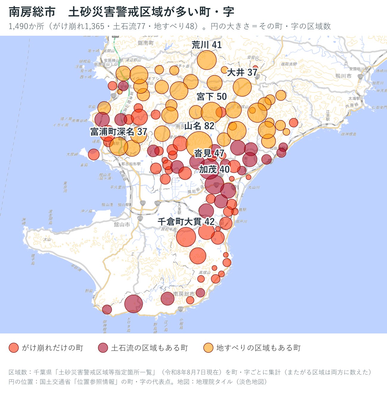 南房総市の町・字ごとの土砂災害警戒区域の数を円で示した地図