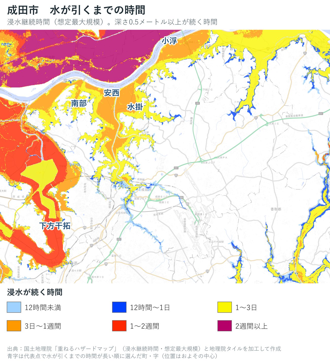 成田市の浸水継続時間（想定最大規模）を色で示した地図
