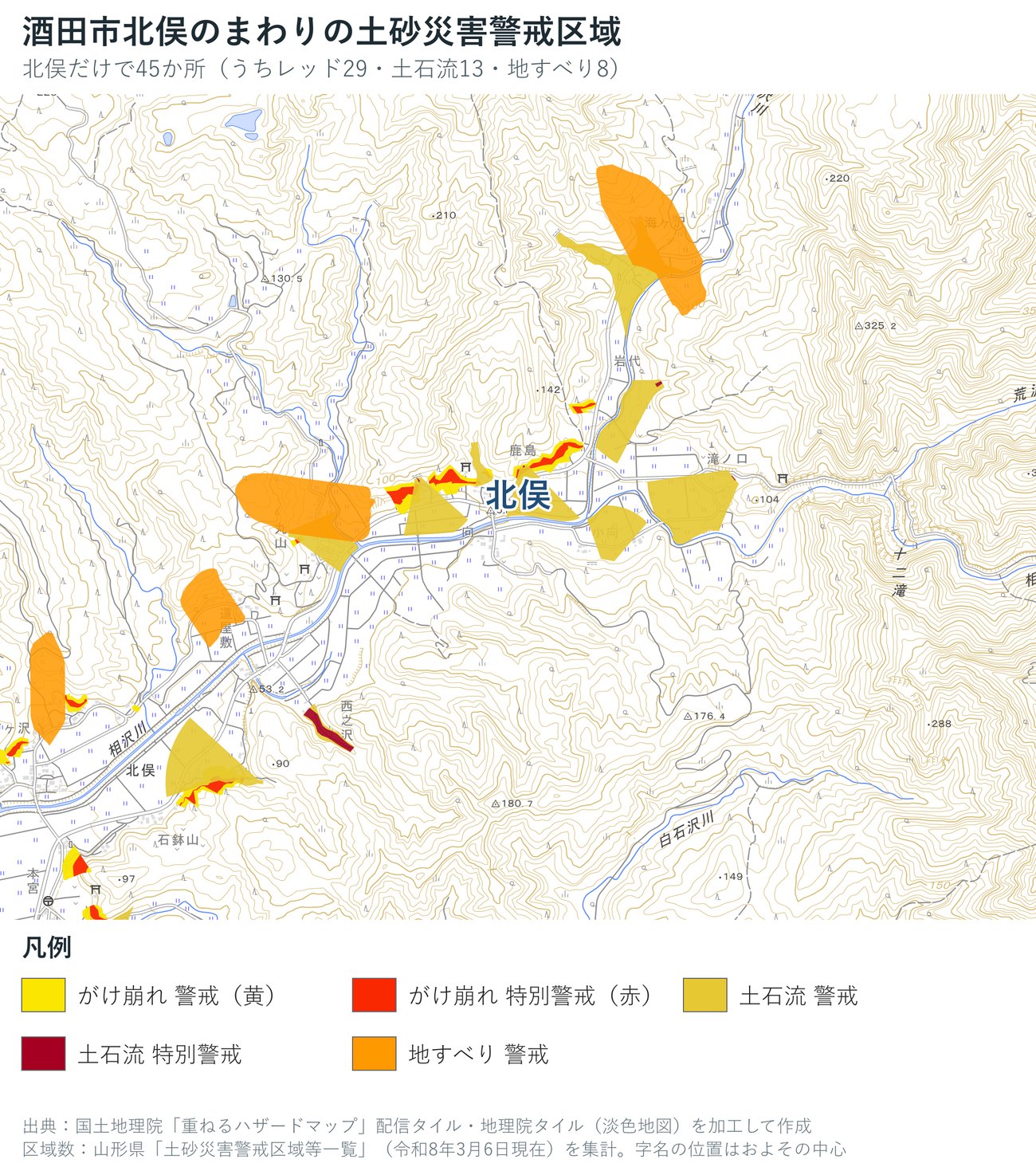 酒田市北俣のまわりの土砂災害警戒区域の地図