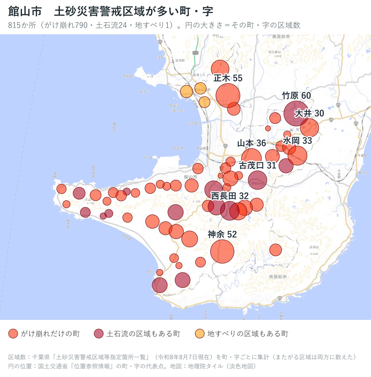 館山市の町・字ごとの土砂災害警戒区域の数を円で示した地図