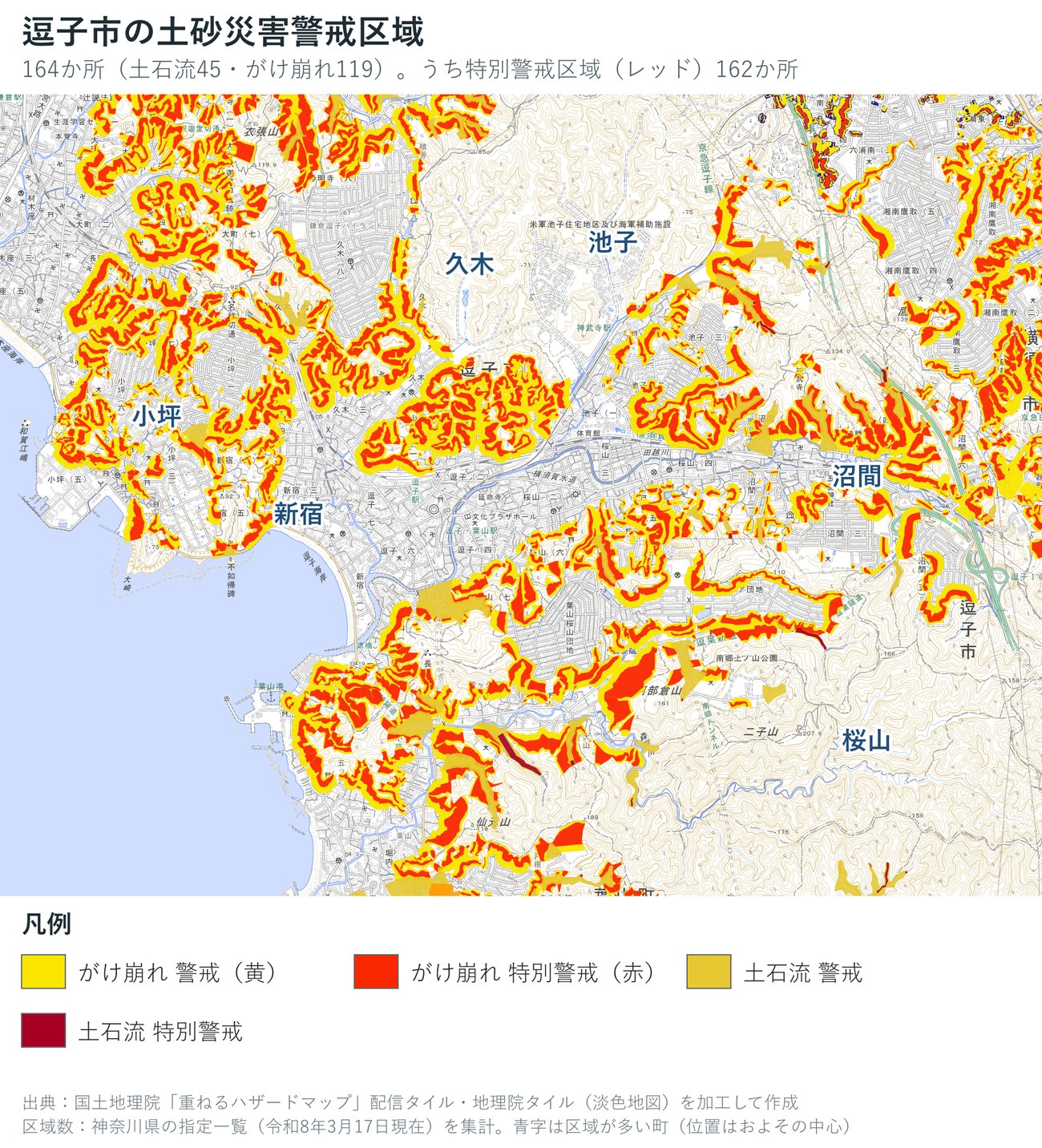 逗子市の土砂災害警戒区域を種類と警戒・特別警戒に色分けした地図