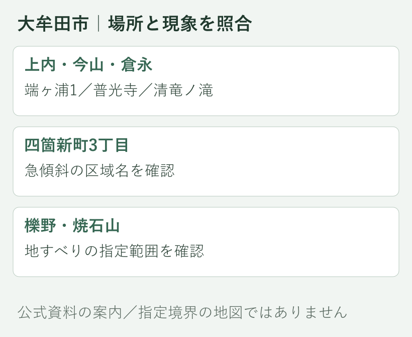大牟田市の具体的な確認箇所と土砂災害の種類を対応させた案内図