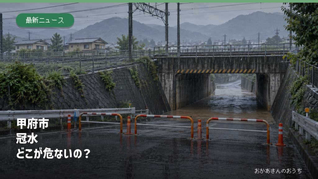 大雨で冠水し通行止めになった甲府市を想定した山並み近くの鉄道下道路（生成AIによるイメージ）
