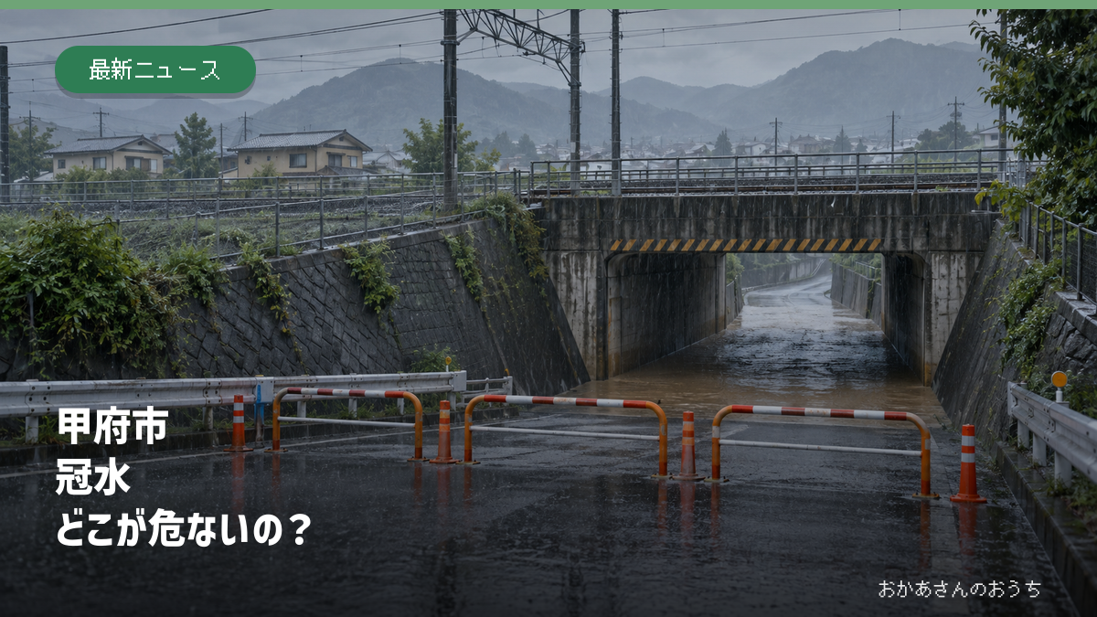 大雨で冠水し通行止めになった甲府市を想定した山並み近くの鉄道下道路（生成AIによるイメージ）