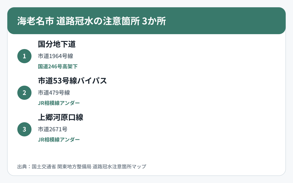 海老名市の道路冠水注意箇所3か所を道路区分と管理者で整理した図
