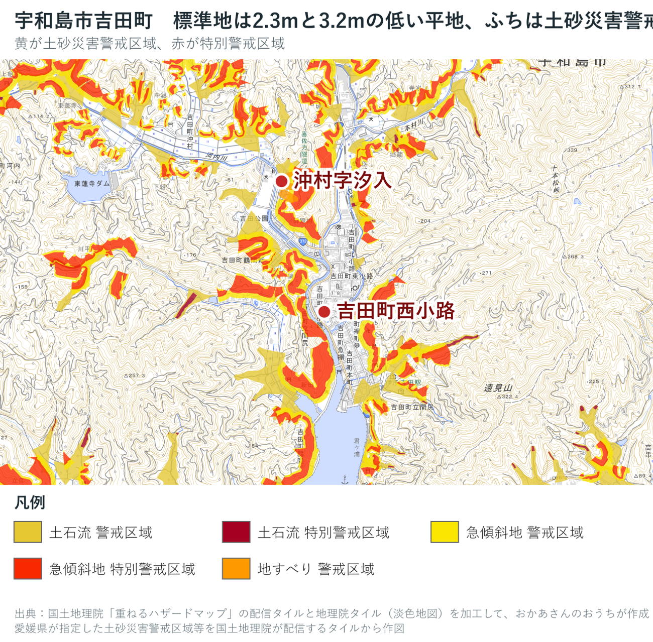 宇和島市吉田町の土砂災害警戒区域図。標準地は吉田町西小路2.3m、沖村字汐入3.2mの低い平地で、そのふちの斜面に黄と赤の指定区域が並ぶ
