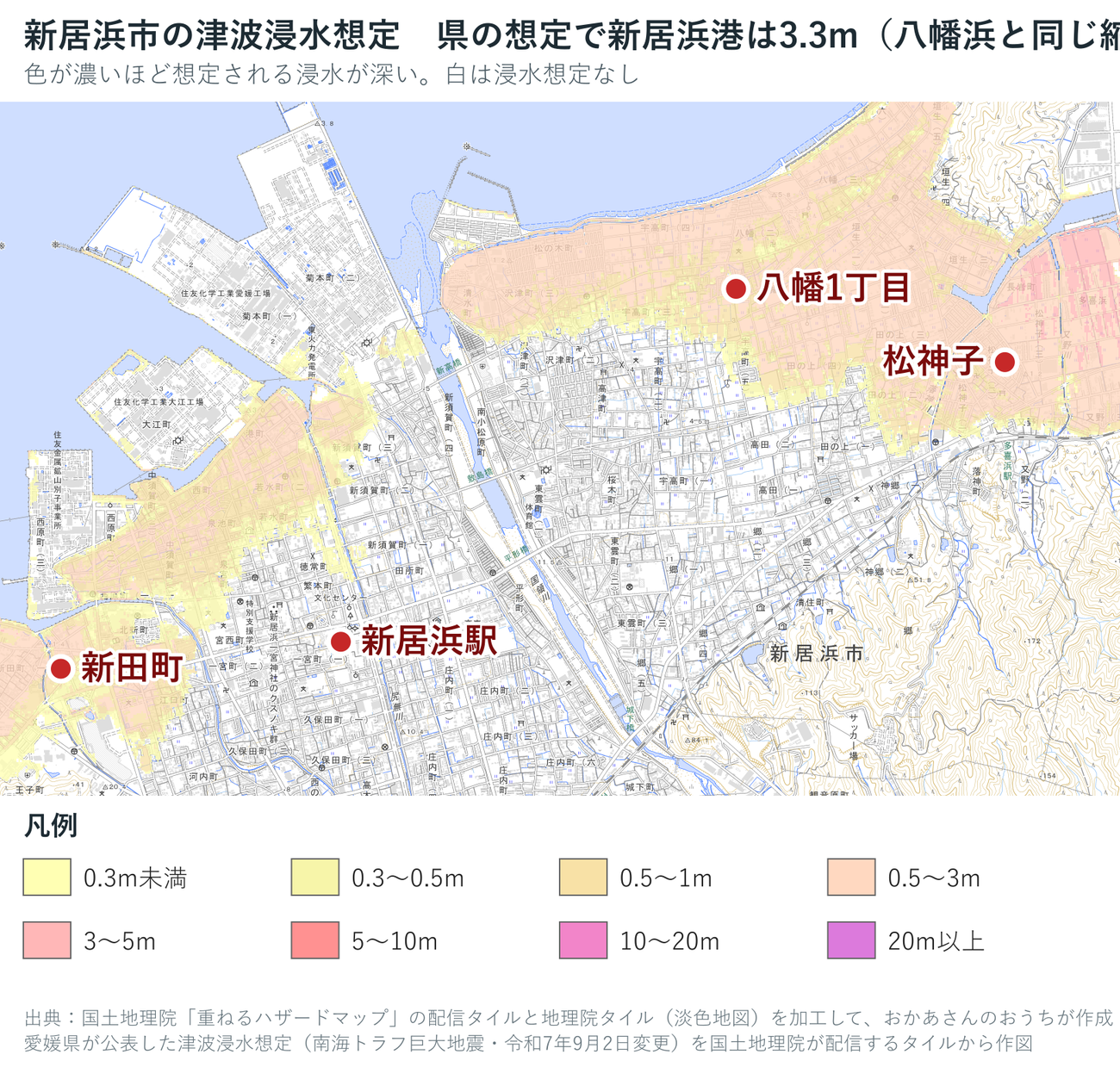 新居浜市の津波浸水想定図。県の想定で新居浜港の最高津波水位は3.3m。松神子1.4m、八幡1丁目2.1m、新田町2.8mの標準地がある